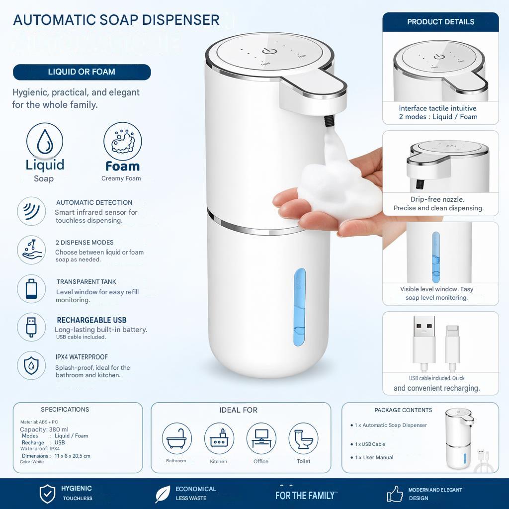 Touchless Automatic Foam Soap Dispenser, USB Rechargeable