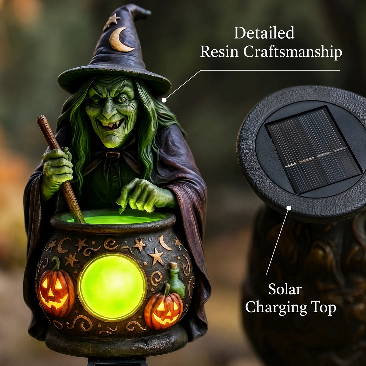 Halloween Solar Garden Stake Light Witch Cauldron Pumpkin Resin Dusk to Dawn