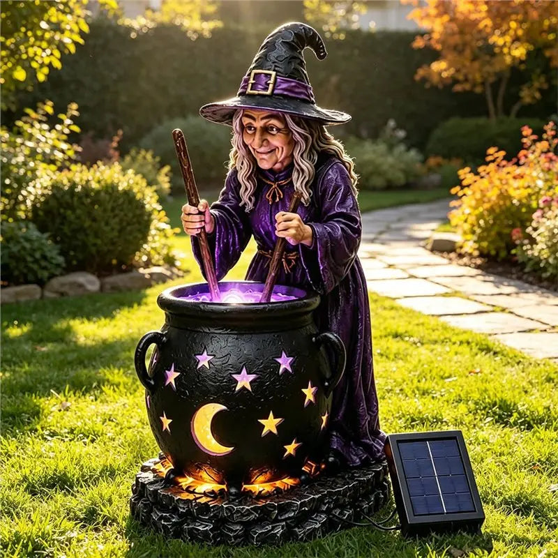 Halloween Solar Witch and Cauldron Garden Light