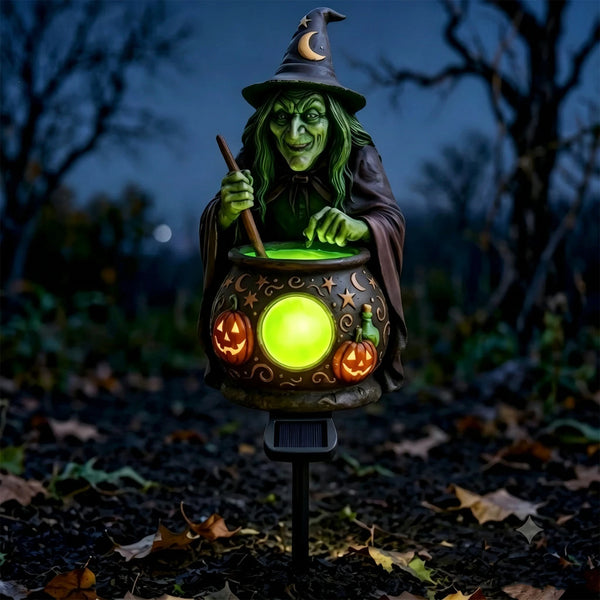 Halloween Solar Garden Stake Light Witch Cauldron Pumpkin Resin Dusk to Dawn