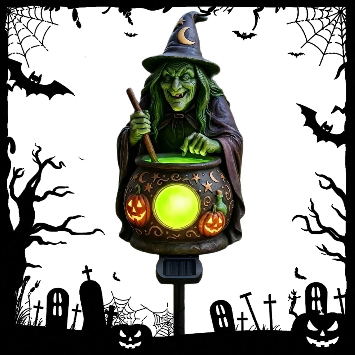 Halloween Solar Garden Stake Light Witch Cauldron Pumpkin Resin Dusk to Dawn