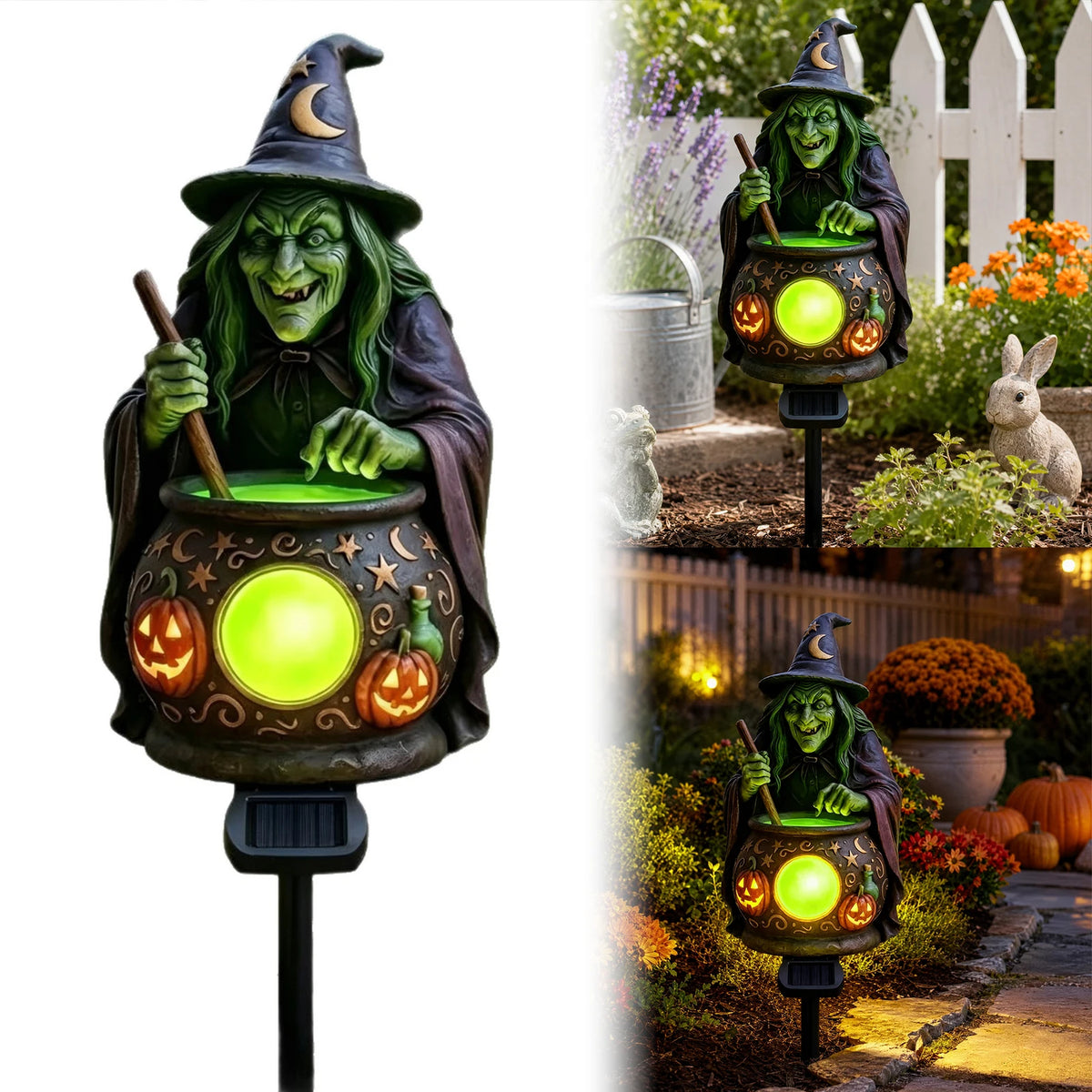 Halloween Solar Garden Stake Light Witch Cauldron Pumpkin Resin Dusk to Dawn