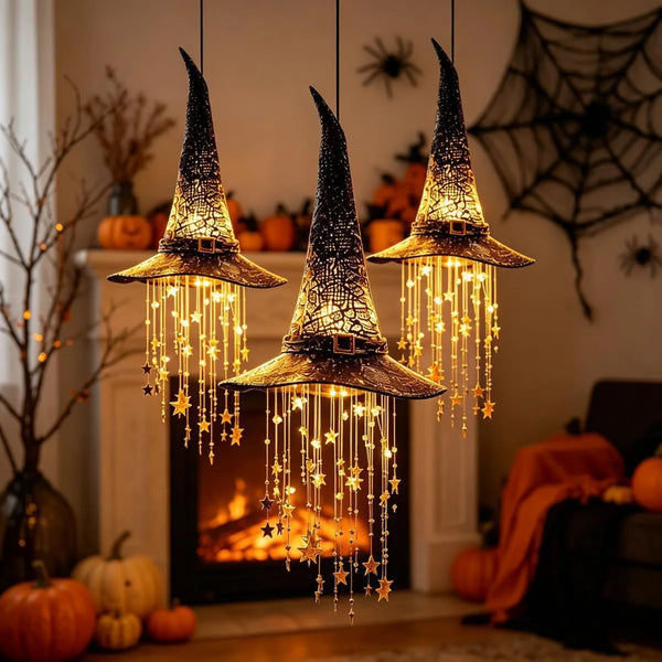 Halloween Lighted Witch Hat Chime with Cascading Stars