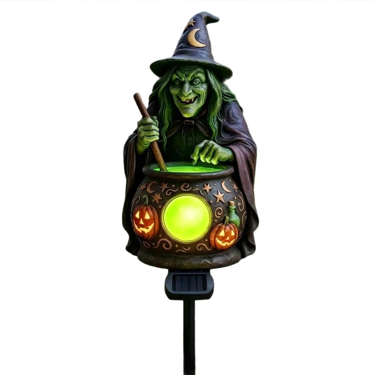 Halloween Solar Garden Stake Light Witch Cauldron Pumpkin Resin Dusk to Dawn