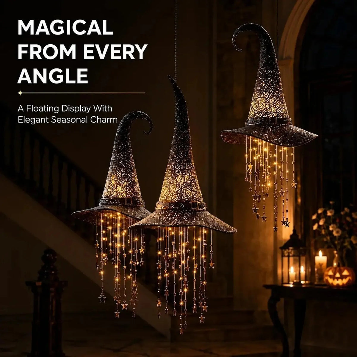 Halloween Lighted Witch Hat Chime with Cascading Stars