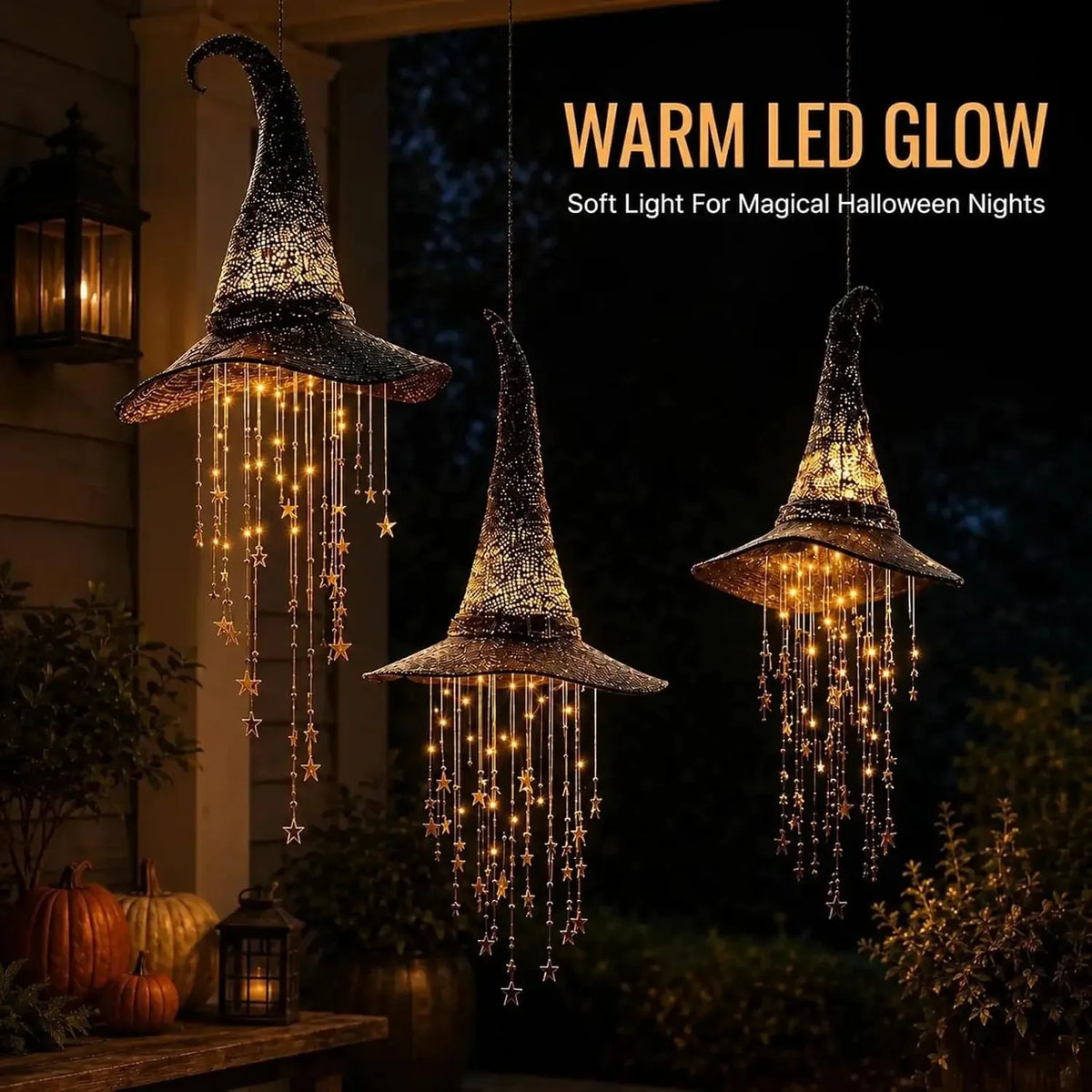 Halloween Lighted Witch Hat Chime with Cascading Stars