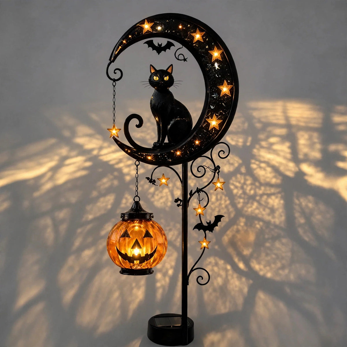 Lampe solaire de jardin Halloween en forme de chat noir et citrouille