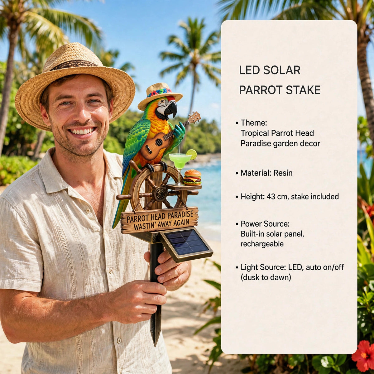 Lampe solaire perroquet, décoration tropicale