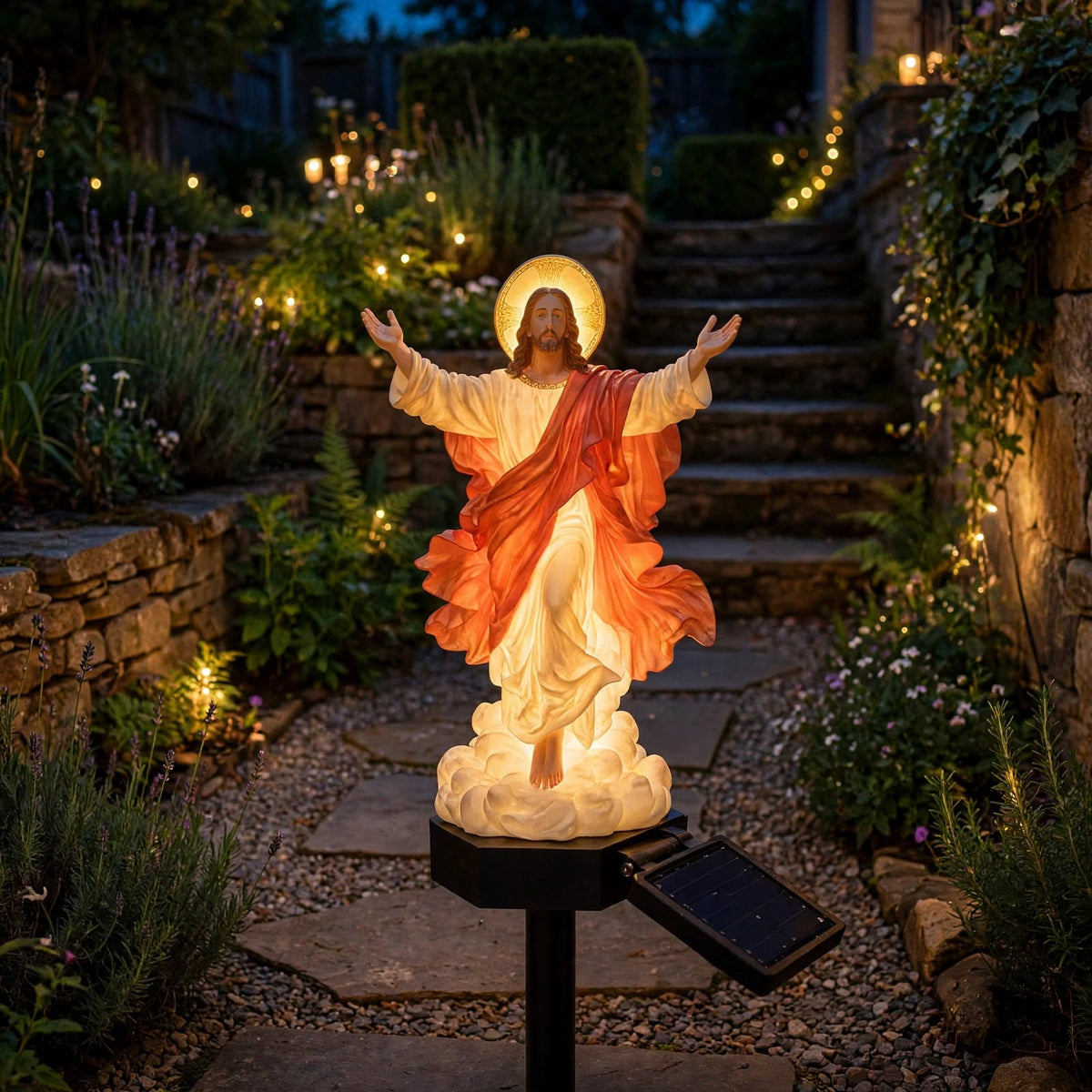 Statue de jardin Jésus solaire avec éclairage LED