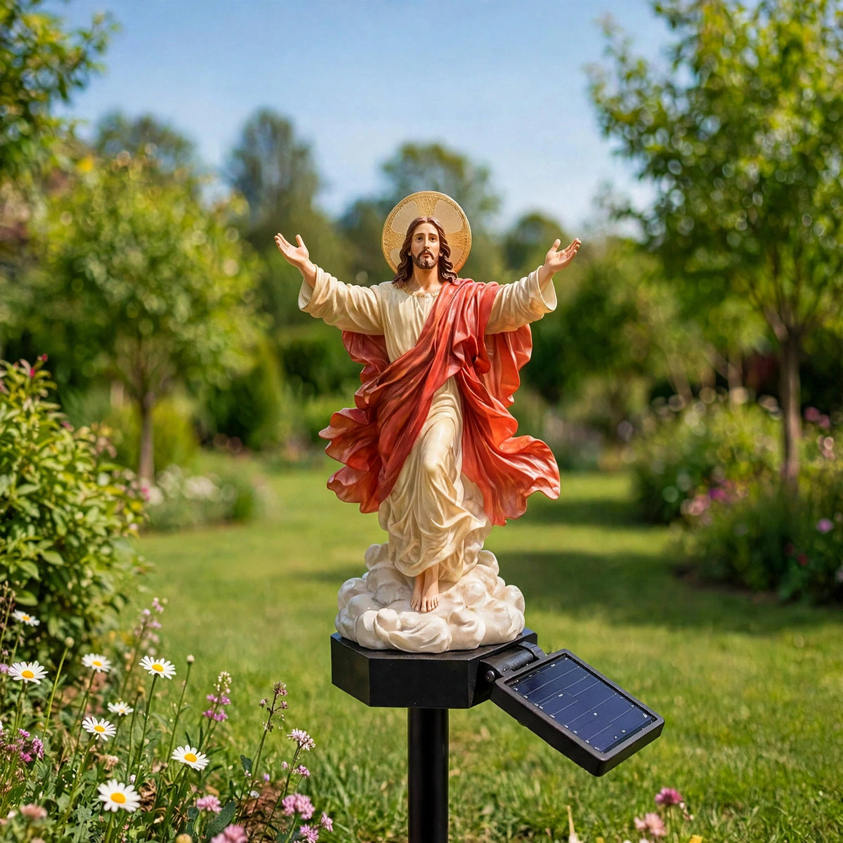 Statue de jardin Jésus solaire avec éclairage LED