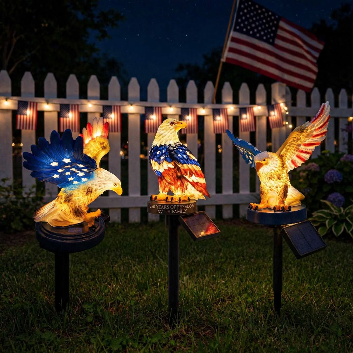 Lampe solaire de jardin en forme d'aigle à tête blanche patriotique