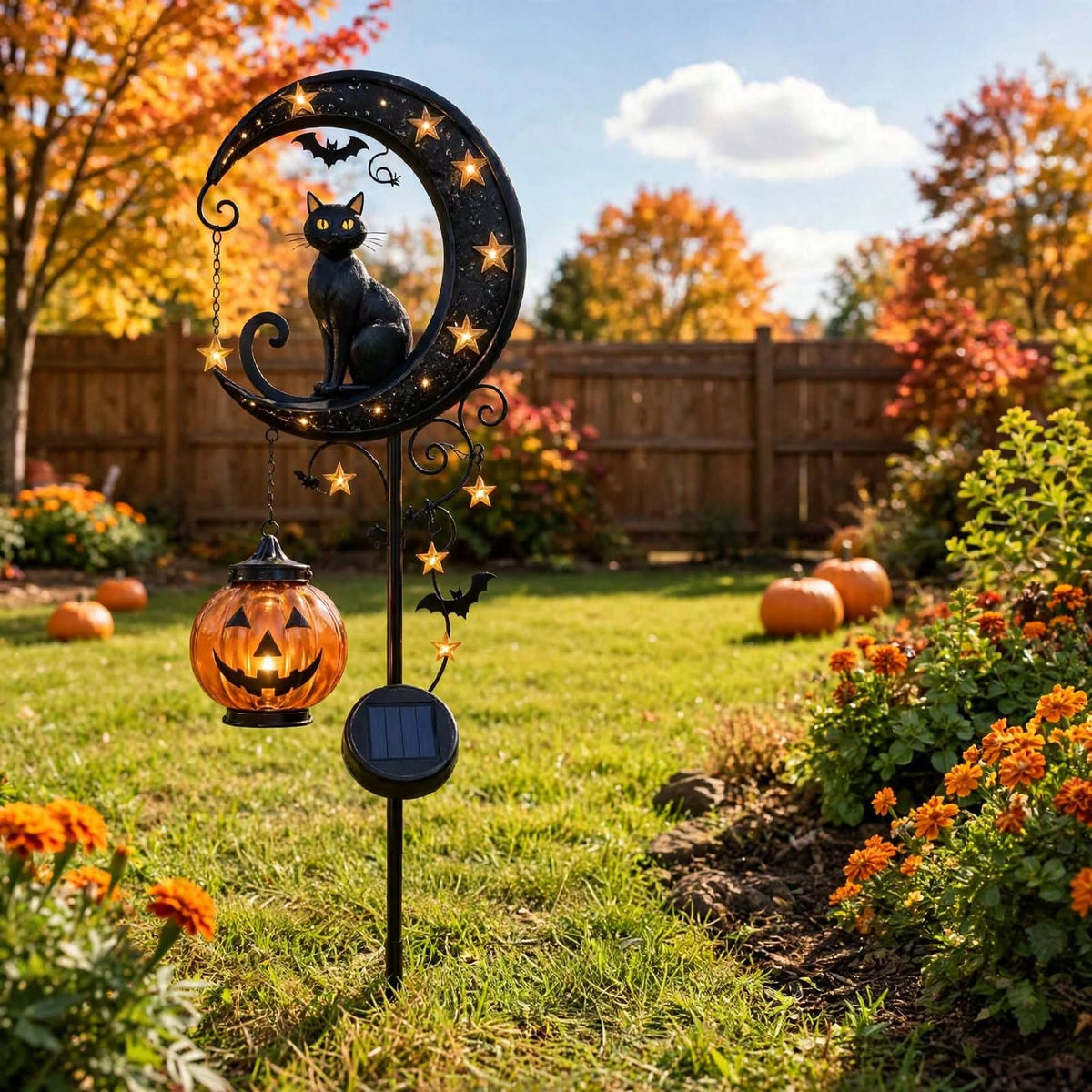 Lampe solaire de jardin Halloween en forme de chat noir et citrouille