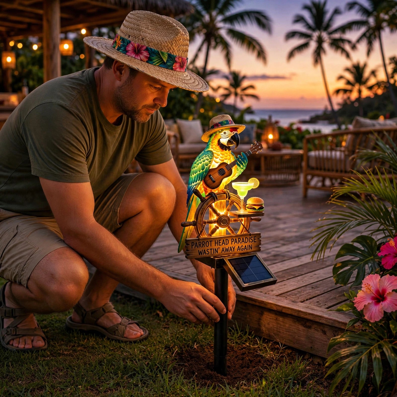 Statue de perroquet solaire de jardin avec lumière LED – Piquet d'oiseau tropical étanche pour extérieur