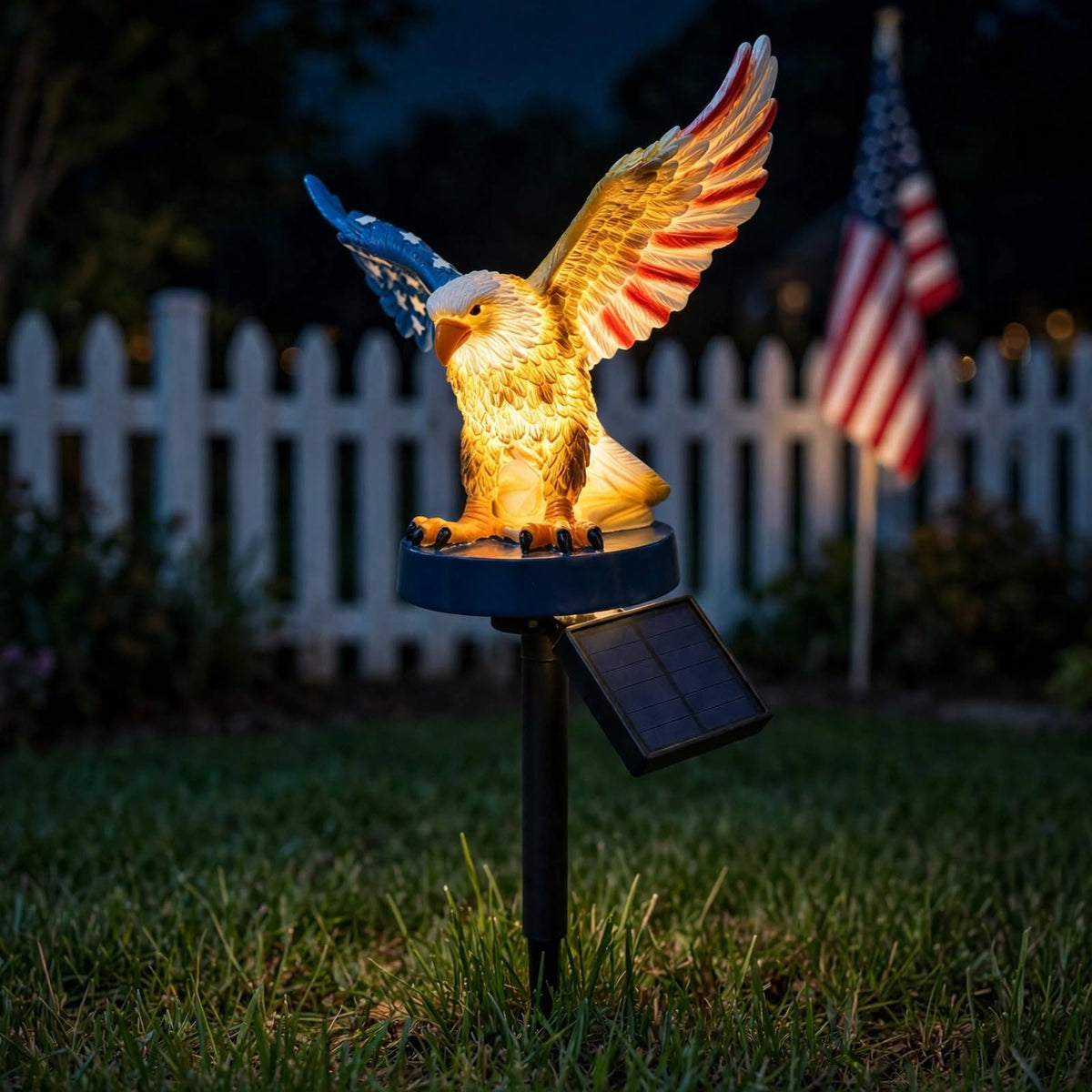 Lampe solaire de jardin en forme d'aigle à tête blanche patriotique