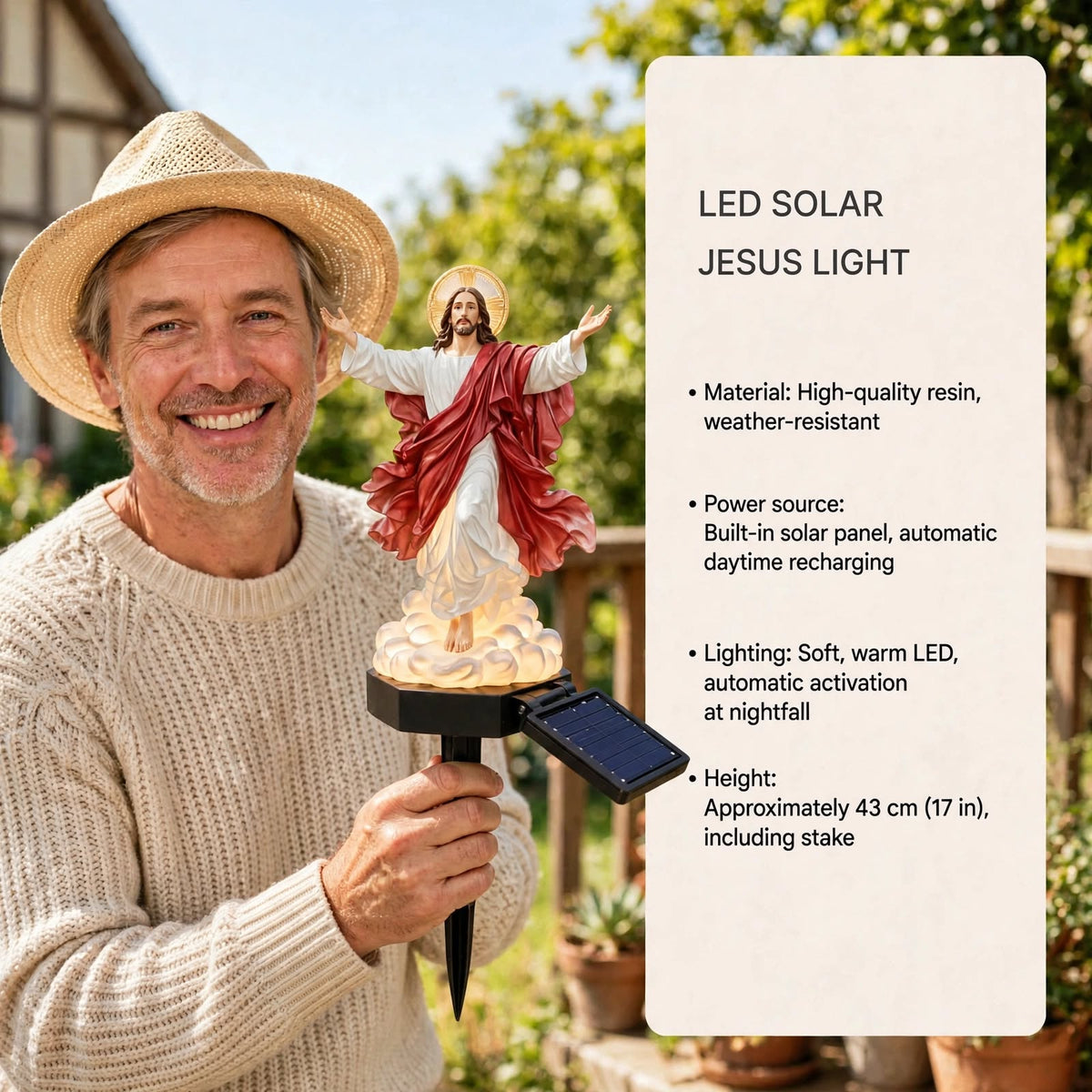 Statue de jardin Jésus solaire avec éclairage LED